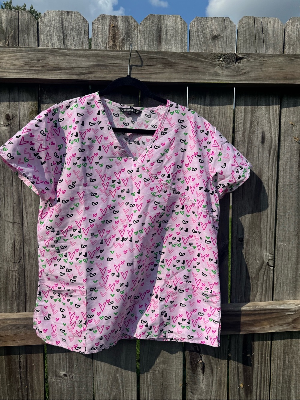 Pink Heart Print V-Neck Scrub Top